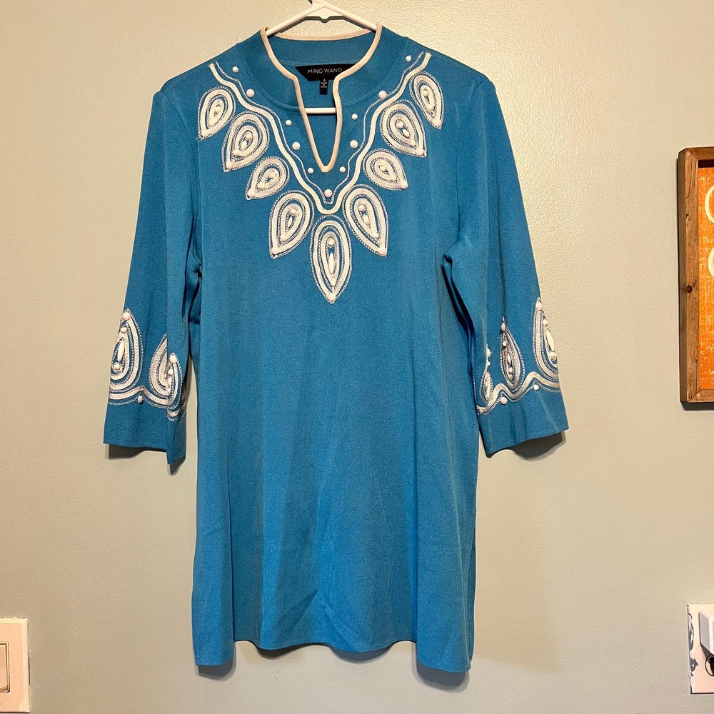 Ming Wang Womens Large Light Blue Knit Tunic Shift Dress Beaded Embroidered